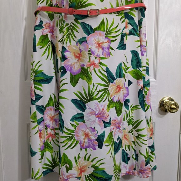 Dressbarn White Green Purple Floral Sleeveless Belted Midi Dress - size 16W - Picture 3 of 15